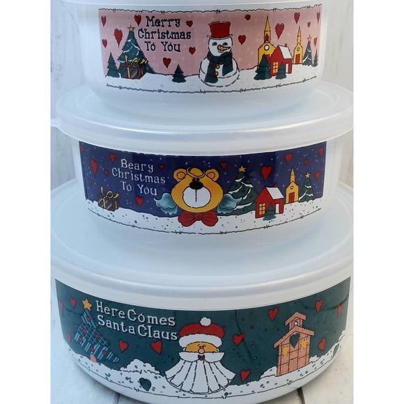 Vtg Country Christmas 4 Enamel Stacking Bowls w/ Lids Santa Snowman Bears Hearts - Picture 3 of 4